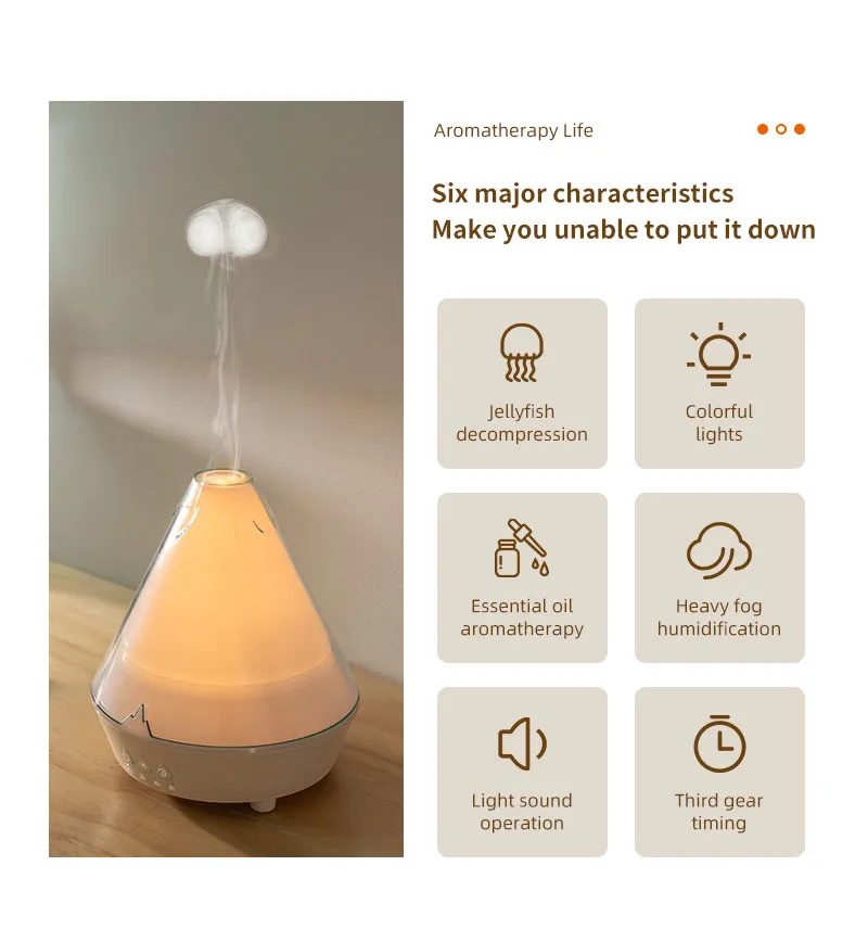 hvj a02 volcano aroma diffuser | jellyfish mist ring & essential oil humidifier with 7 color led