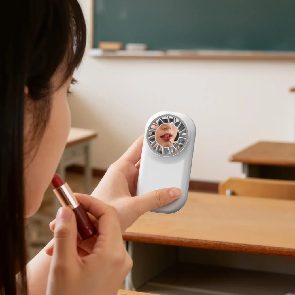 hvj f37 ultra thin handheld fan with makeup mirror & led power display portable mini cooling solution