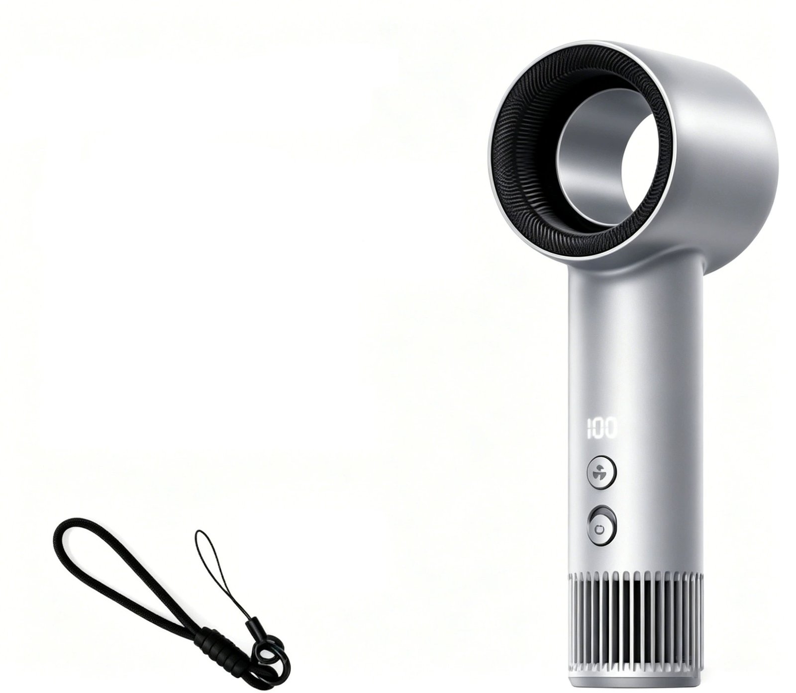 100-Level Bladeless Handheld Fan | HVJ-F05 2 HONVENJA HVJ-F05 silver bladeless handheld fan with hanging strap